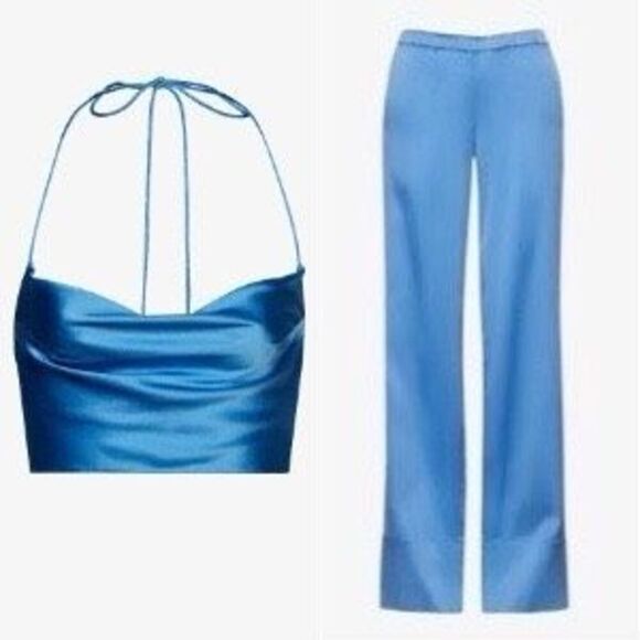 SER.O.YA ELLISON SILK TOP & MATCHING BLUE SILK PANTS SET - Picture 1 of 16